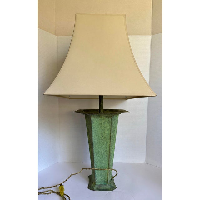 Vintage Verdigris Metal Table Lamp With Faceted Base & Tapered Shade For Sale - Image 11 of 12