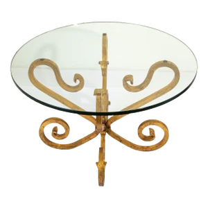 1950s Italian Hollywood Regency Round Gilded Wrought Iron and Glass Side Table