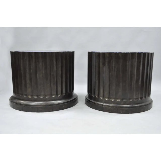 Large Pair Custom Fluted Column Pedestal Stand Painted Faux Purple Malachite Top For Sale - Image 4 of 13