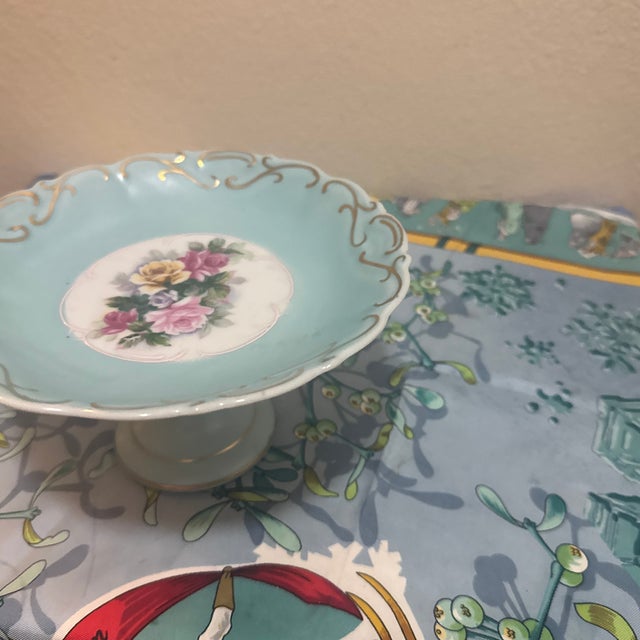 Vintage French Style Turquoise Porcelain Pedestal Dish With Floral Medallion and Gilt Rim For Sale - Image 4 of 7