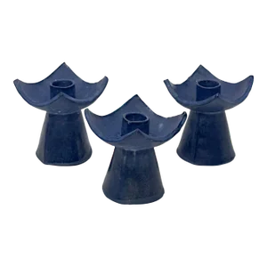 Asian-Inspired Artisanal Matte Indigo Candle Holders - Set of 3
