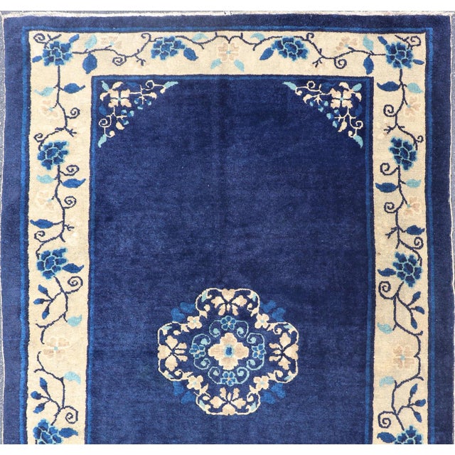 Art Nouveau Antique Chinese Peking Carpet in Dark Blue Background 4' X 6'8 For Sale - Image 3 of 14