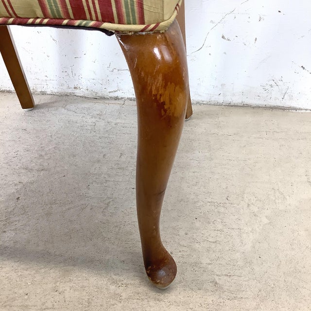Set of Four Queen Anne Walnut Dining Side Chairs in Striped Burgundy & Gold Upholstery For Sale - Image 10 of 12