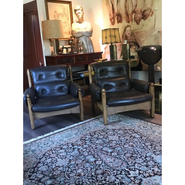 Vintage Brutalist Oak and Leather Chairs, 1975, Set of 2 For Sale - Image 6 of 8