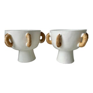 Rattan & Ceramic Footed Bowls, Pair For Sale