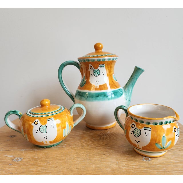 20th C., Vietri Campagna Chicken Italy, 3 pieces, each stamped "Made in Italy", including 1 coffee pot, 1 creamer, and 1...