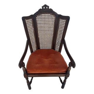 Antique Carved Wood Armchair With Cane Back For Sale