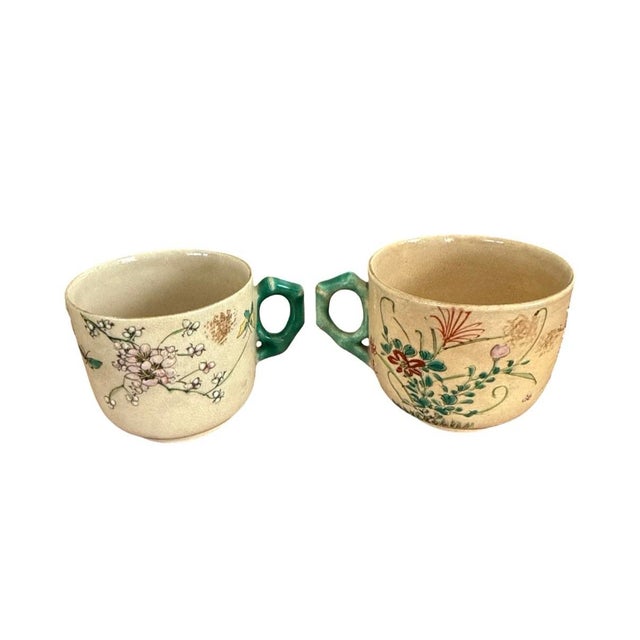 Ceramic Vintage Japanese Satsuma Style Tea Set Hand Painted Floral Crackle Glaze Green Handles - Set of 7 For Sale - Image 7 of 12