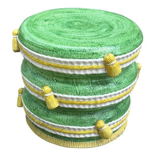 1970s Ceramic Italian Green Stool With Yellow Tassel Accents For Sale