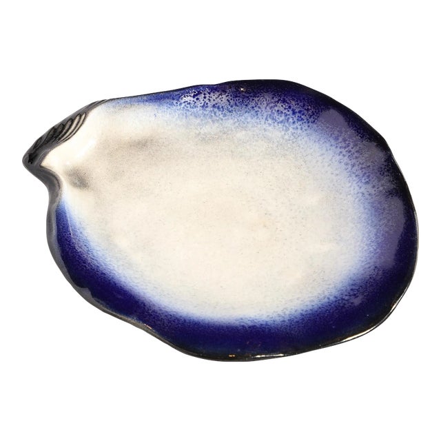 Mid-Century Abstract Blue & White Oyster Form Ceramic Plate Signed Pol Chambost For Sale