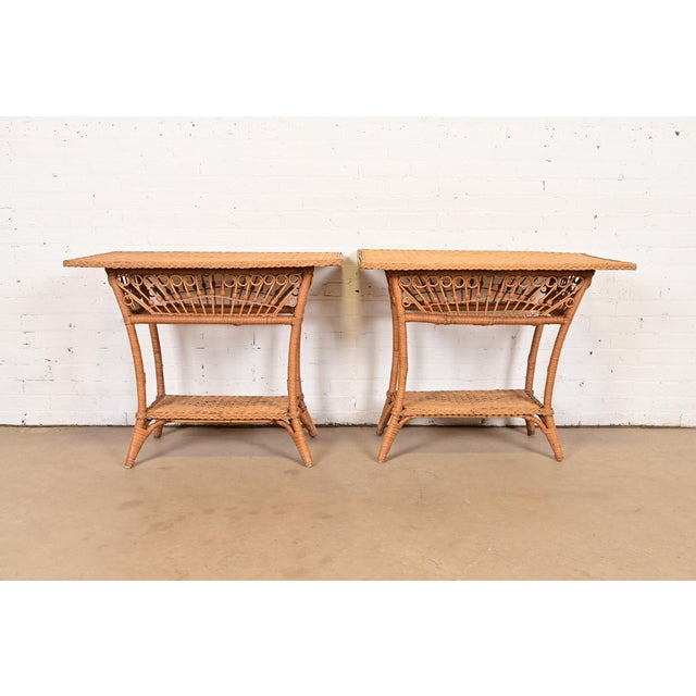 A gorgeous pair of Organic Modern woven wicker rattan nightstands or side tables By Ralph Lauren, "Safari Collection" USA,...