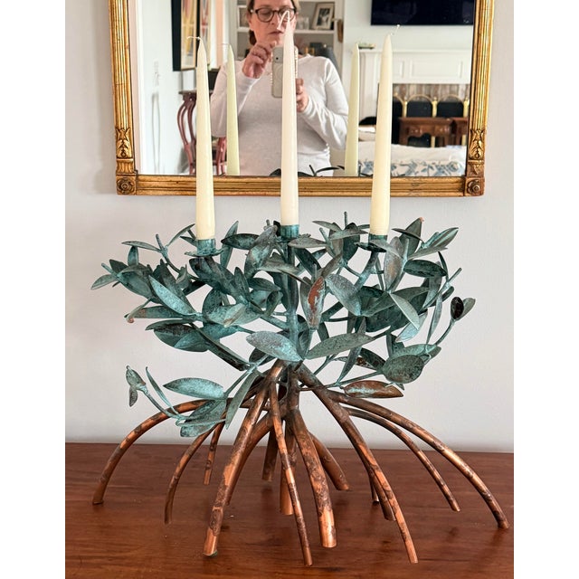 Extraordinary handmade Mangrove triple candelabra with verdigris leaves and copper branches. Very rare and just a...