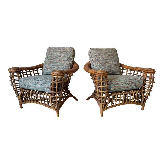 Vintage Boho Coastal Organic Rattan Lounge Chairs – A Pair For Sale