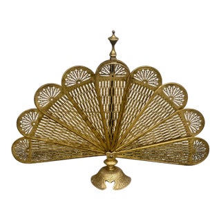 Vintage Brass Peacock Fan Folding Fireplace Screen For Sale