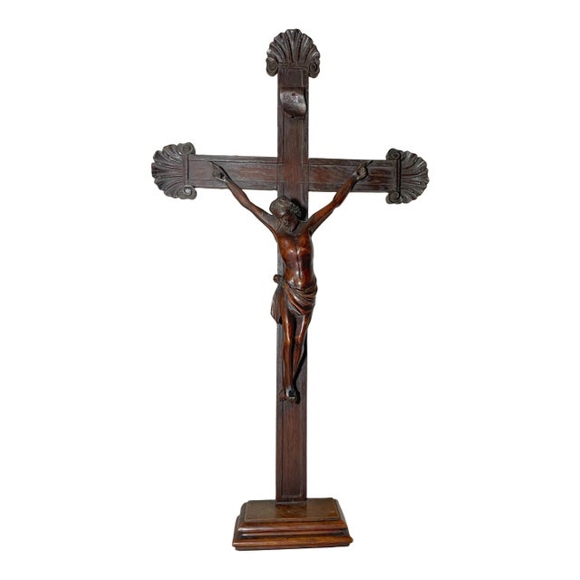 Antique 1700's Hand Carved Wood Religious Jesus Christ Crucifix Cross Sculpture For Sale
