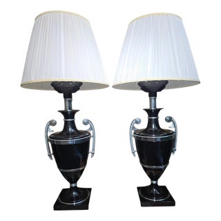 20th Century Art Deco Black Painted Metal Lamps with Chrome Handle, 1920, Set of 2 For Sale