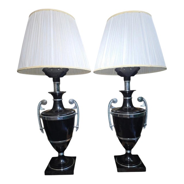 20th Century Art Deco Black Painted Metal Lamps with Chrome Handle, 1920, Set of 2 For Sale