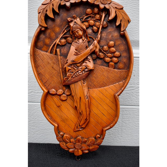 Vintage Chinese Hand Carved Wood Wall Plaque High Relief Asian Woman Flower Art For Sale - Image 10 of 13
