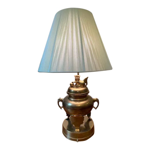 Large Brass Foo Dog Lamp With String Shade. For Sale