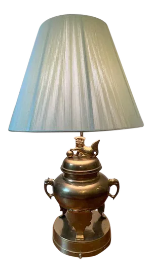 Large Brass Foo Dog Lamp With String Shade.