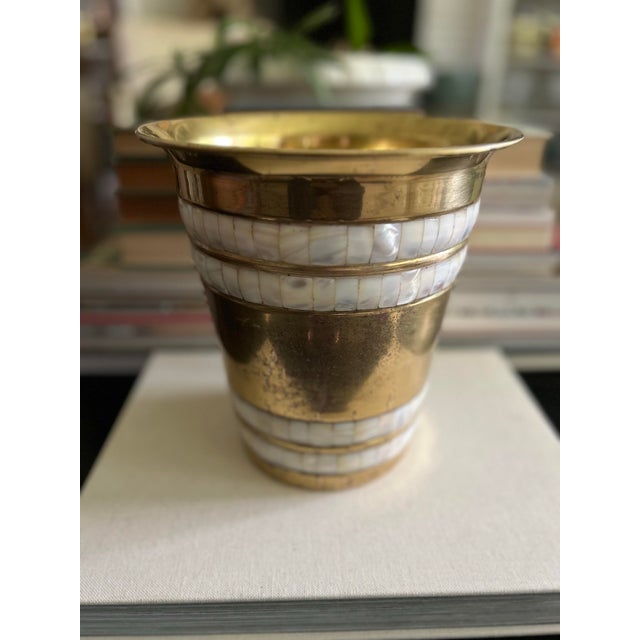 Late 20th Century Vintage Brass Wastebasket With Mother-of-Pearl Inlay For Sale - Image 5 of 10