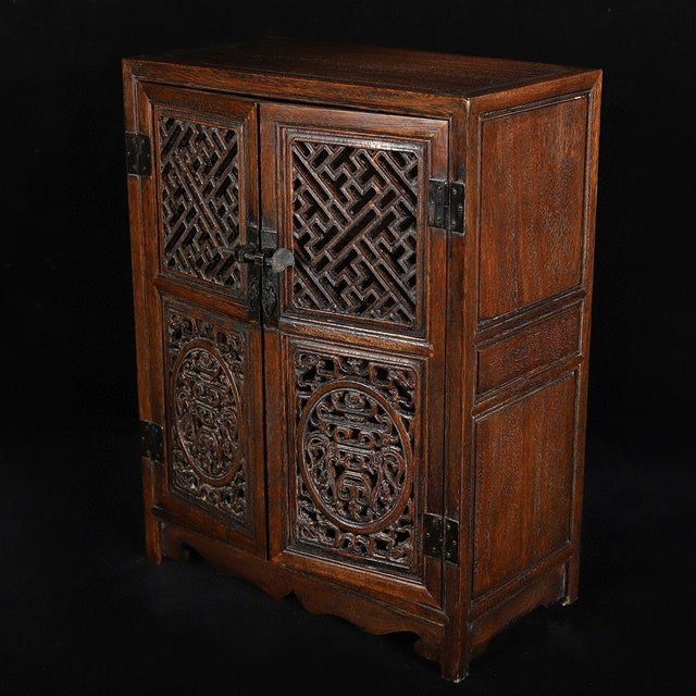 Wood Vintage Chinese Huali Rosewood Carved Two-Door Tabletop Cabinet With Drawers For Sale - Image 7 of 9