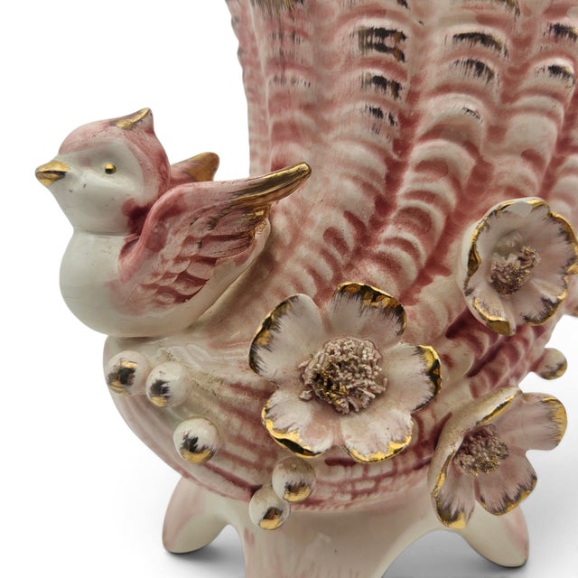 Mid-Century Modern Vintage Pink Ceramic Cornucopia Vase W/ Applied Bird & Flowers For Sale - Image 3 of 9