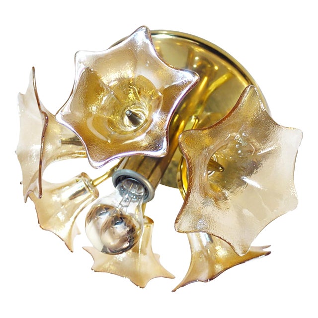 Sische Sputnik Flower Flush Mount in Amber Murano Glass and Brass, 1960s For Sale