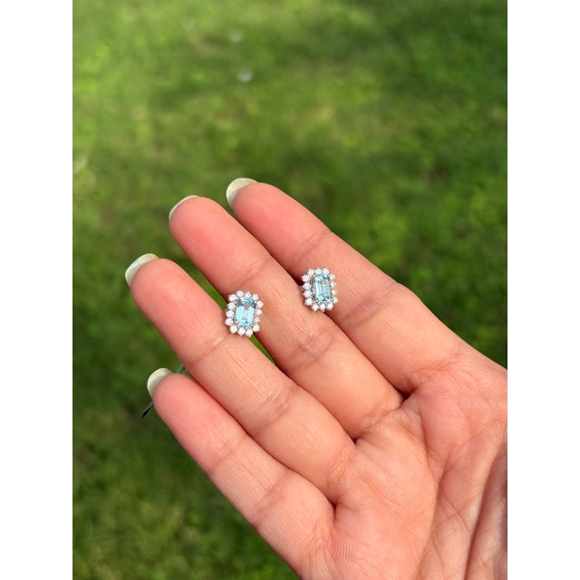 Not Yet Made - Made To Order 1.14ct Emerald Cut Aquamarine & Diamond Halo Stud Earrings in 14k White Gold- A Pair For Sale - Image 5 of 15