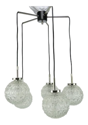 1960s Doria Leuchten, Gnarrenburg Germany Glass Five Globe Pendant / Suspension Light