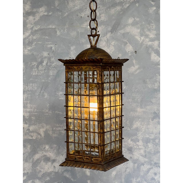 Bronze Spanish Gilt Metal Lantern With Textured Glass For Sale - Image 8 of 12
