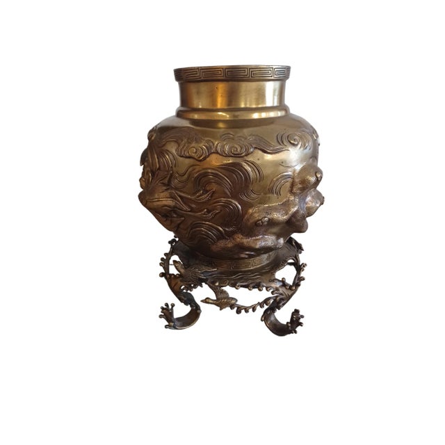 Japanese Vintage Early 20th Century Detailed Japanese Bronze Vase on Stand For Sale - Image 3 of 4