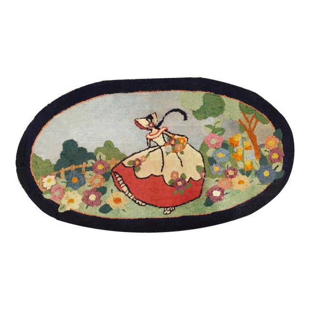 Notable Oval Sky Blue Color, With a Lady and Unique Floral Design Antique American Hooked Rug For Sale