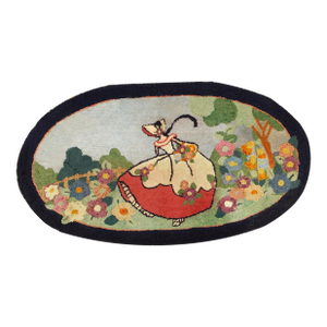 Notable Oval Sky Blue Color, With a Lady and Unique Floral Design Antique American Hooked Rug