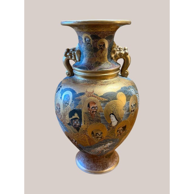 Late 19th Century Antique Meiji Japanese Satsuma Ryuzan Rakan Vase Gilt Dragon Handles 16" For Sale - Image 5 of 16