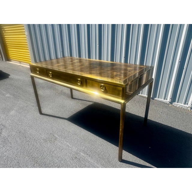 Mid-Century Modern Vintage Mastercraft Brass and Leather Desk For Sale - Image 3 of 9
