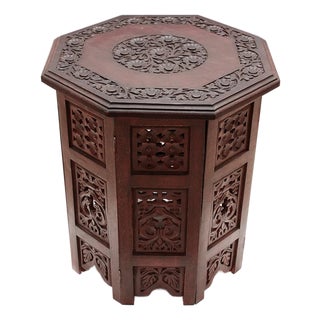 Vintage Solid Wood Hand Carved Folding End Table For Sale