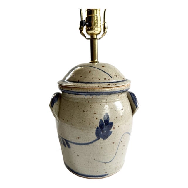 Vintage 1988 Signed Pottery Crock Table Lamp, Cobalt Blue Leaves & Details With Ear Handles For Sale