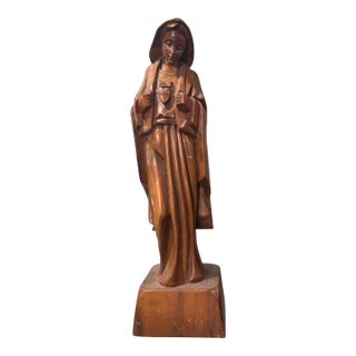 Vintage Hand Carved Wooden 17" Madonna Statue Sculpture Sacred Heart of Mary For Sale