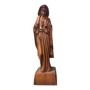 Vintage Hand Carved Wooden 17" Madonna Statue Sculpture Sacred Heart of Mary