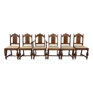 Vintage Jacobean Revival or English Tudor Style Oak Dining Chairs - Set of 6 For Sale