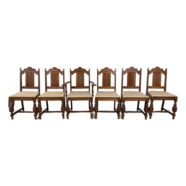Vintage Jacobean Revival or English Tudor Style Oak Dining Chairs - Set of 6 For Sale