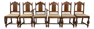 Vintage Jacobean Revival or English Tudor Style Oak Dining Chairs - Set of 6