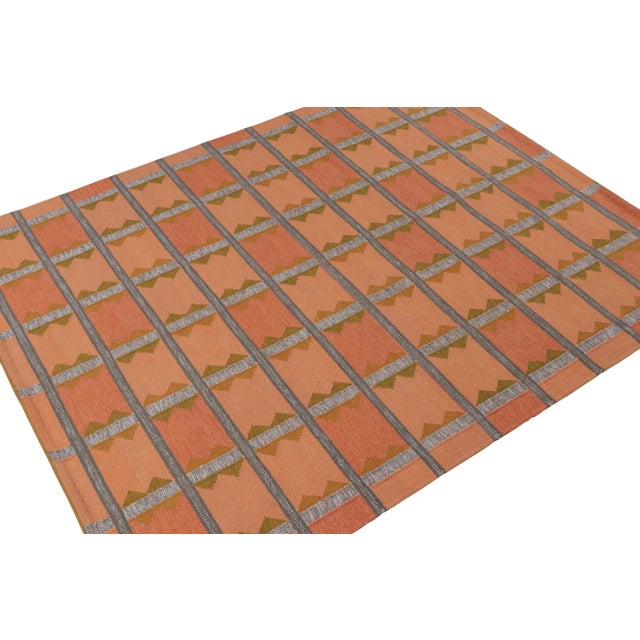 Rug & Kilim Rug & Kilim’s Scandinavian Style Kilim in Orange, Gray & Brown Geometric Pattern - 12x15 For Sale - Image 4 of 7