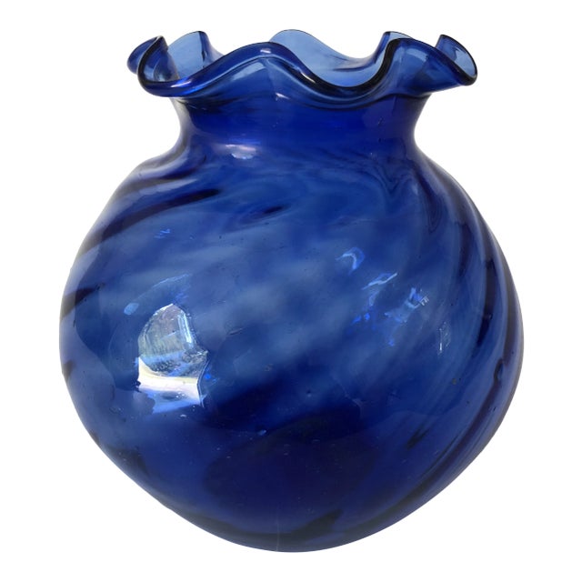 Vintage Hand Blown Cobalt Blue Ruffled Edge Vase For Sale