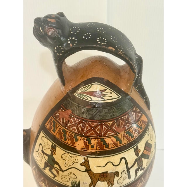 Mid 20th Century Large Peruvian Folk Art Pottery Vase With Jaguar Handle & Llama Motif 14” Tall For Sale - Image 4 of 12