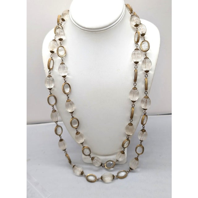 Mid-Century Modern Vintage 1970s Signed DeLillo Goldtone Clear Beaded Sautoir Necklace For Sale - Image 3 of 8