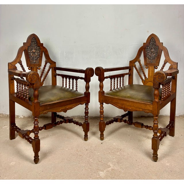 1920s Spanish Revival Armchairs with Carved Crest, 1920s, Set of 2 For Sale - Image 5 of 11