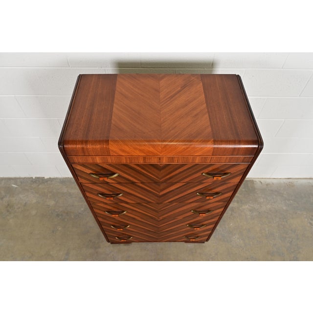 Donald Deskey Style Antique Art Deco Inlaid Walnut Waterfall Highboy Dresser or Chest of Drawers, Circa 1930s For Sale - Image 9 of 12