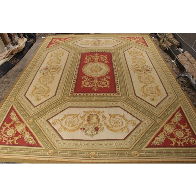 Neoclassical Rug & Kilim’s Aubusson Flat Weave Style Rug, Red and Green Floral Patterns For Sale - Image 3 of 8